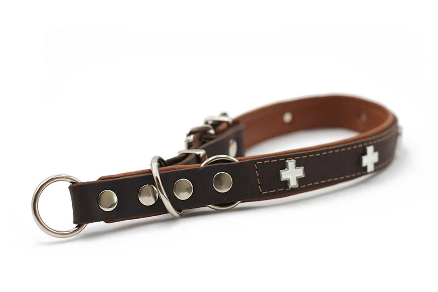 Robustes braunes Lederhundehalsband mit weißen Schweizer Kreuzmotiven und silbernen Ringen.