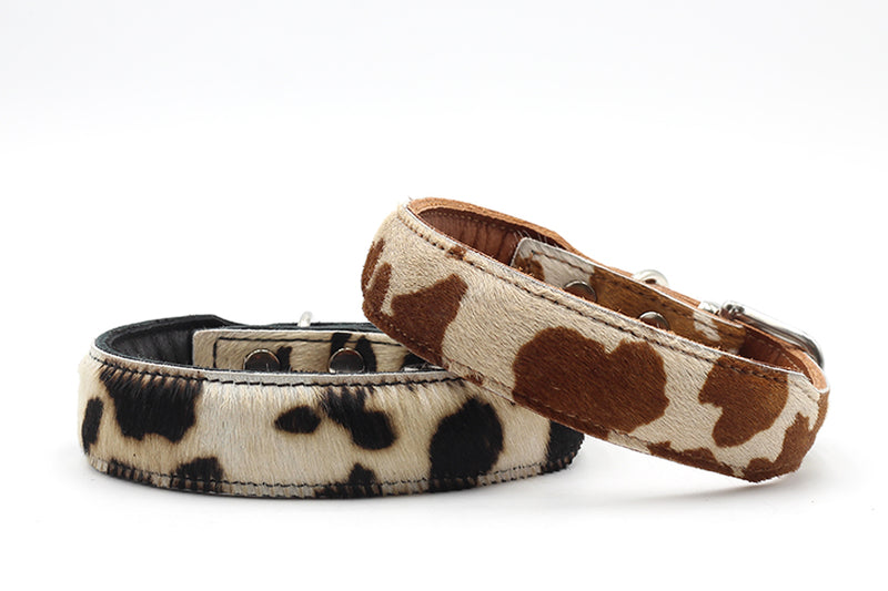 Zwei Halsbänder aus Textil im Kuhfell-Muster, eines in Braun-Beige, das andere in ähnlichen Farbtönen.