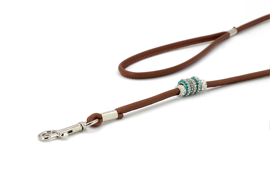 Braune Hundeleine 1m mit bunten Strasssteinen und stabilem Karabinerhaken für sicheres Gassigehen.