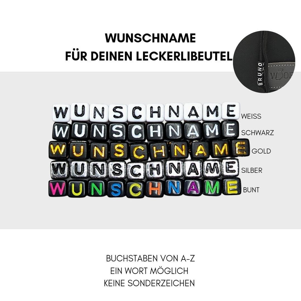 Leckerlibeutel in verschiedenen Farben mit personalisierbaren Buchstaben für individuelle Gestaltung und praktische Nutzung.