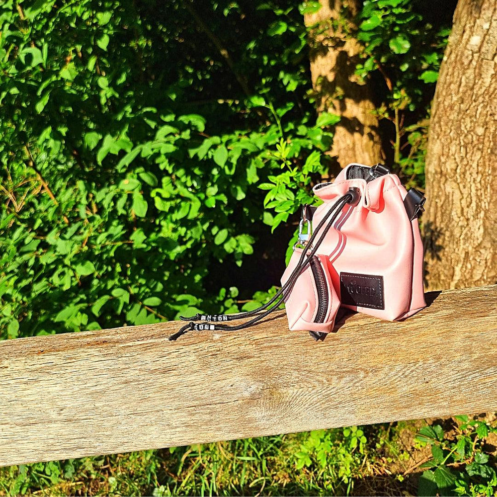 Leckerlibeutel in Rosa aus wasserabweisendem Kunstleder, ideal für Hundeleckerlis, stylisch und praktisch in der Natur.