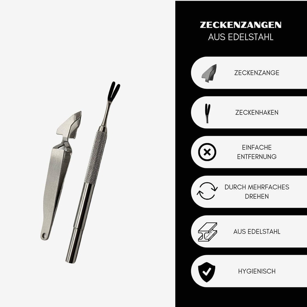 Zeckenzangen-Set aus Edelstahl für sichere und hygienische Zeckenentfernung bei Tieren und Menschen, 2-teilig.