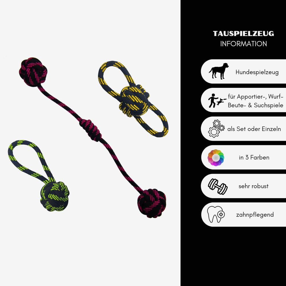Robustes Hundespielzeug in Form eines Tautau mit Knoten, schwarz mit pinken und grünen Akzenten für ausgiebiges Spielen.
