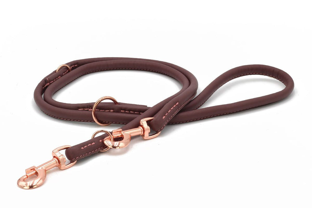 Braune, gepolsterte Hundeleine mit roségoldenen Metallteilen und Karabinerhaken, ideal für stilvolle Spaziergänge.