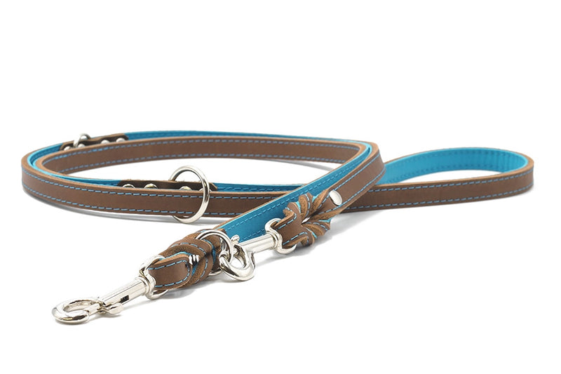 Elegante 2m lange Hundeleine aus braunem Leder mit blauen Akzenten und silbernem Karabiner, perfekt für stilvolle Hundebesitzer.