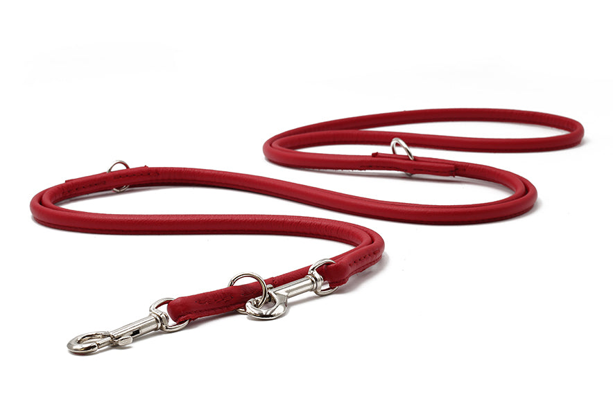 Rote rundgenähte Lederleine mit silbernem Karabinerhaken, 3 Meter lang, ideal für Hunde.