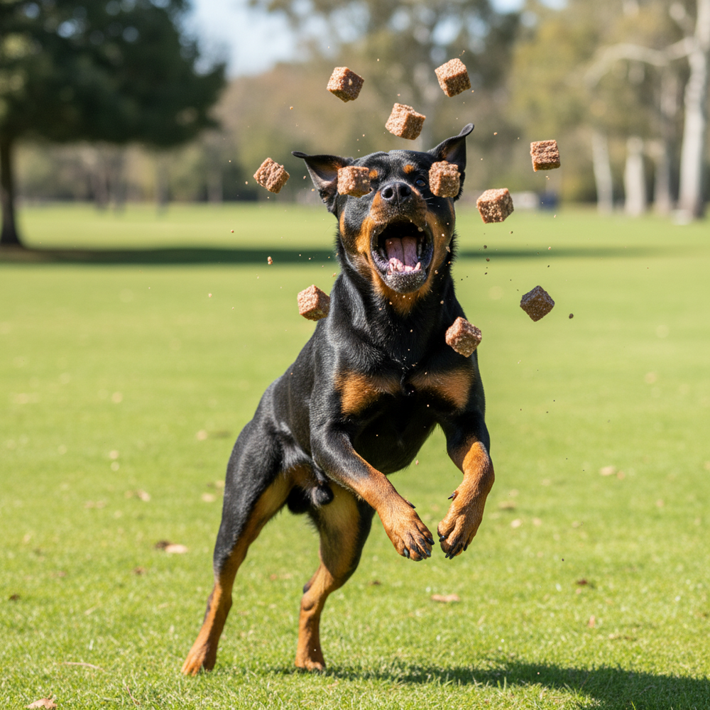 Rottweiler springt fröhlich im Park und fängt Hundefutterstückchen von FRED Snacks aus der Luft.