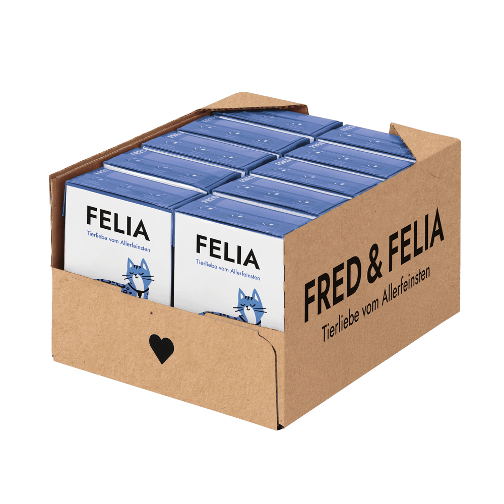 FELIA Surf & Turf 2er Set für Katzen, abwechslungsreiches Nassfutter mit Land- und Meeresaromen in blauer Verpackung.
