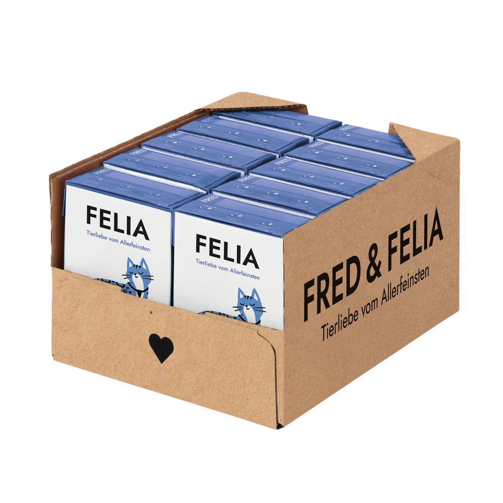 FELIA Surf & Turf 2er Set für Katzen, abwechslungsreiches Nassfutter mit Land- und Meeresaromen in blauer Verpackung.