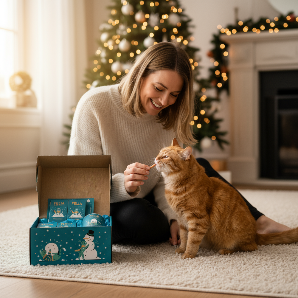 FELIA Weihnachtsbox 2er Set mit festlichen Inhalten, lächelnde Frau und Katze vor Weihnachtsbaum. Ideal als Geschenk.