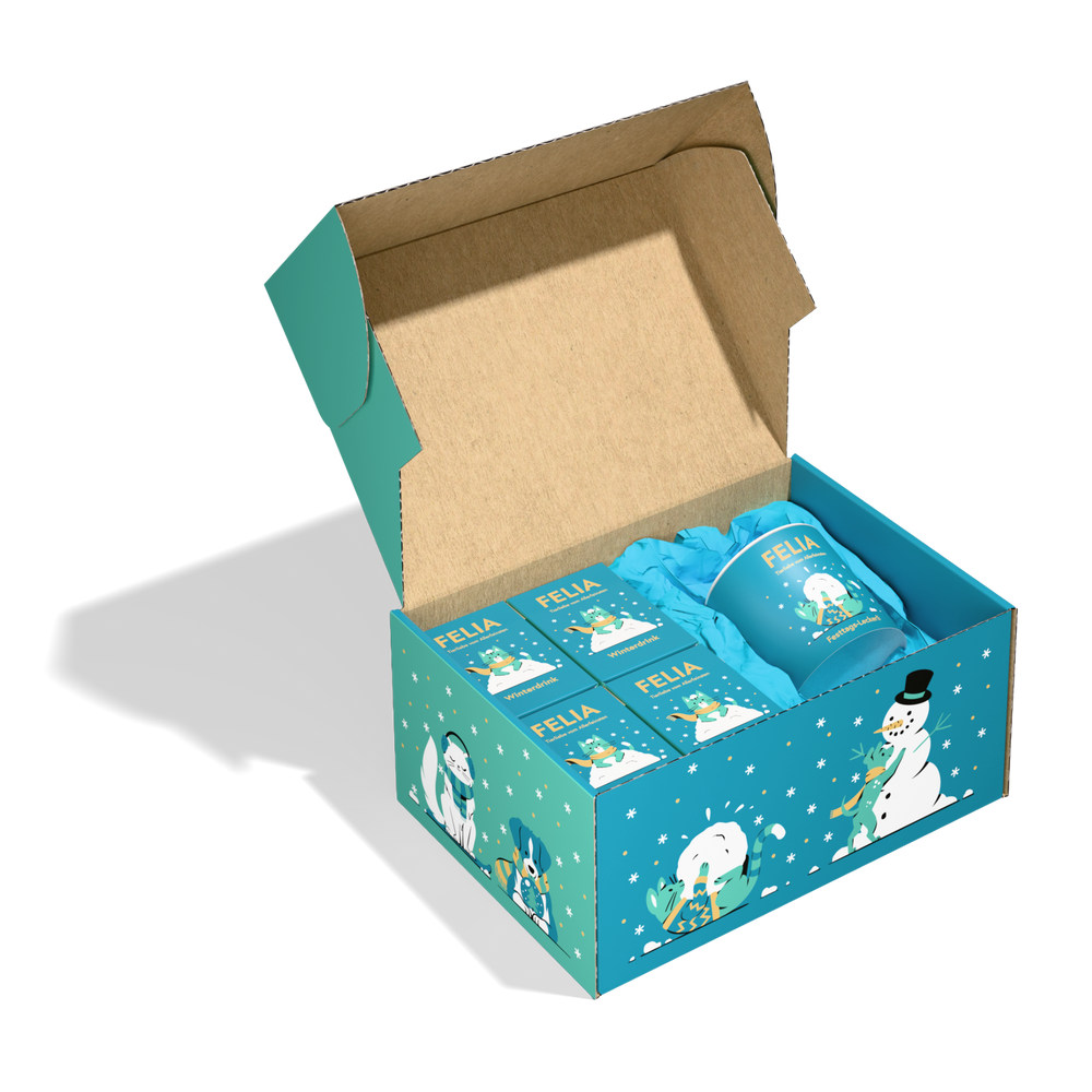 FELIA Weihnachtsbox 2er Set mit winterlichem Design, Tasse und festlichen Produkten in blau, ideal als Geschenk für die Weihn