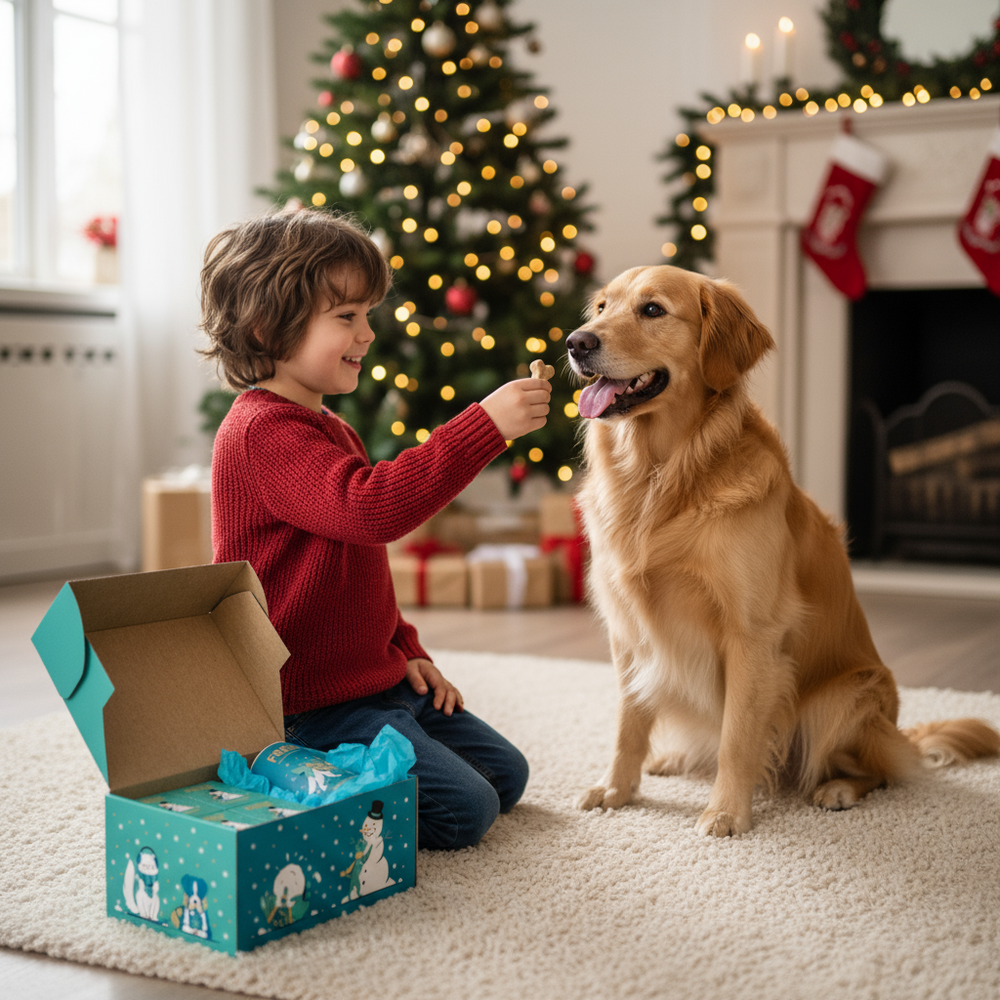 FRED Weihnachtsbox S in festlichem Raum mit Junge und Golden Retriever, ideal für Adventsüberraschungen und Geschenke.