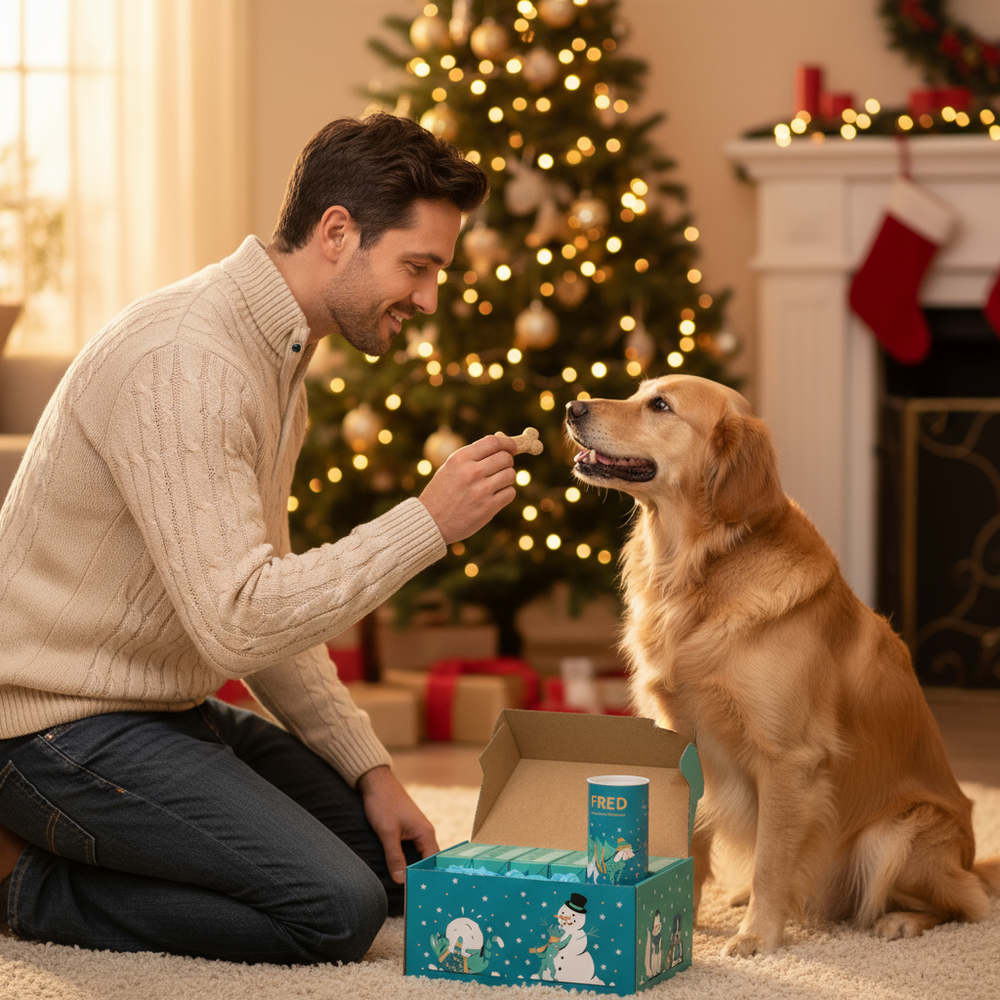 FRED Weihnachtsbox M als perfektes Geschenk für die festliche Jahreszeit, präsentiert vor einem Weihnachtsbaum mit Hund.