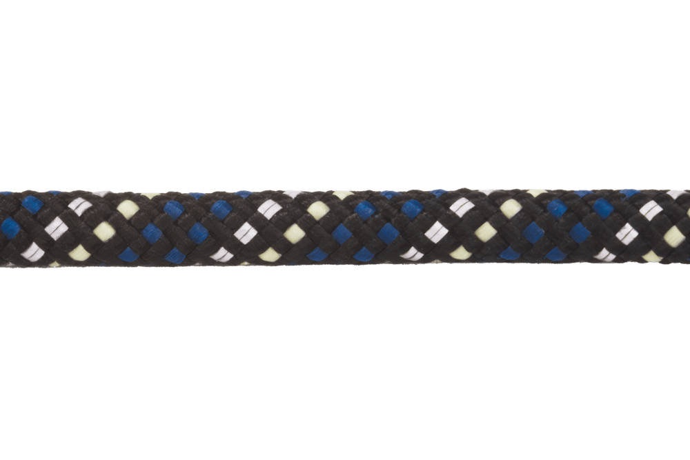 "Knot-a-Collar™ Hundehalsband aus strapazierfähigem Schwarz mit bunten Mustern in Blau, Weiß und Gelb."