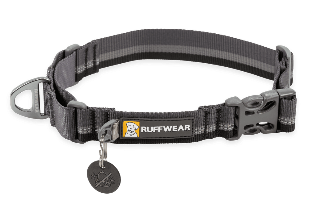 Graues Ruffwear Hundehalsband mit reflektierenden Streifen und stabilem Verschluss, ideal für sicheres Gassigehen.
