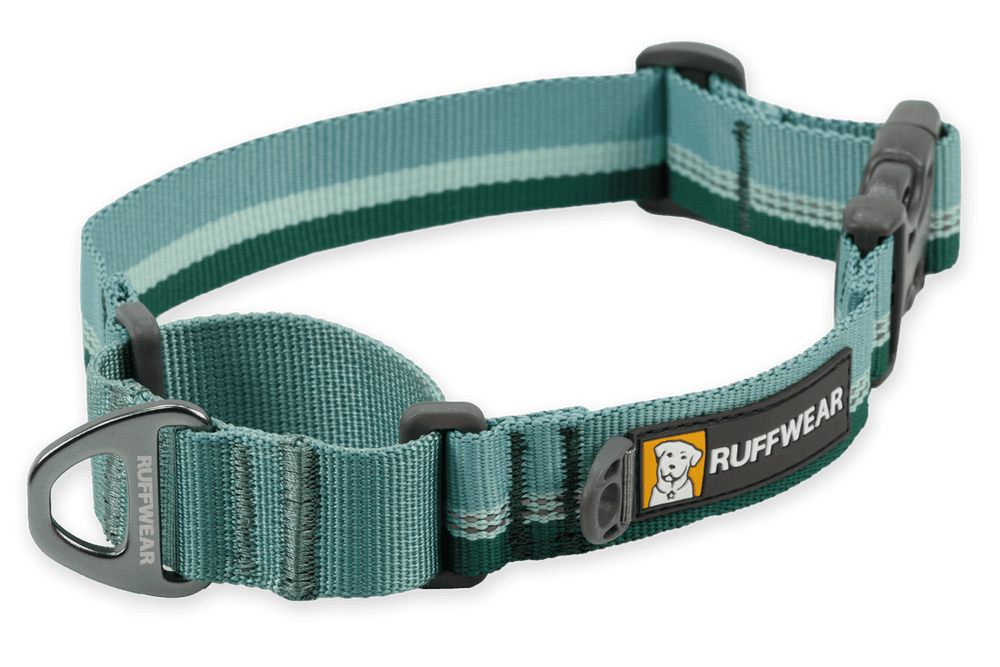 Ruffwear Web Reaction™ Martingal Hundehalsband in grün mit hellen Streifen, gefertigt aus robustem Nylon-Material.