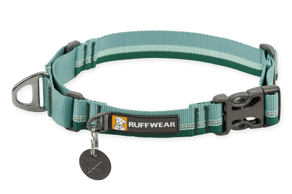 "Ruffwear Web Reaction™ Hundehalsband in Blau- und Grüntönen, verstellbar mit robustem Material und Metallschild."