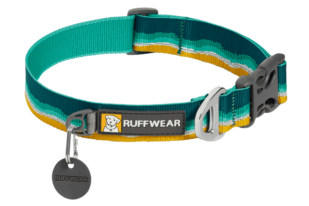 Reflektierendes Ruffwear Hundehalsband in Türkis, Gelb und Grün mit Schnalle und D-Ring für Sicherheit beim Gassigehen.