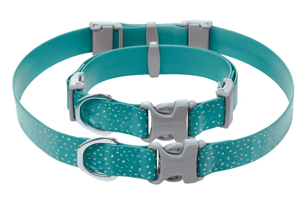 Hunde-Halsband in Türkis, wasserfest, aus flexiblem Material mit geflochtener Struktur und stabilen grauen Schnallen.