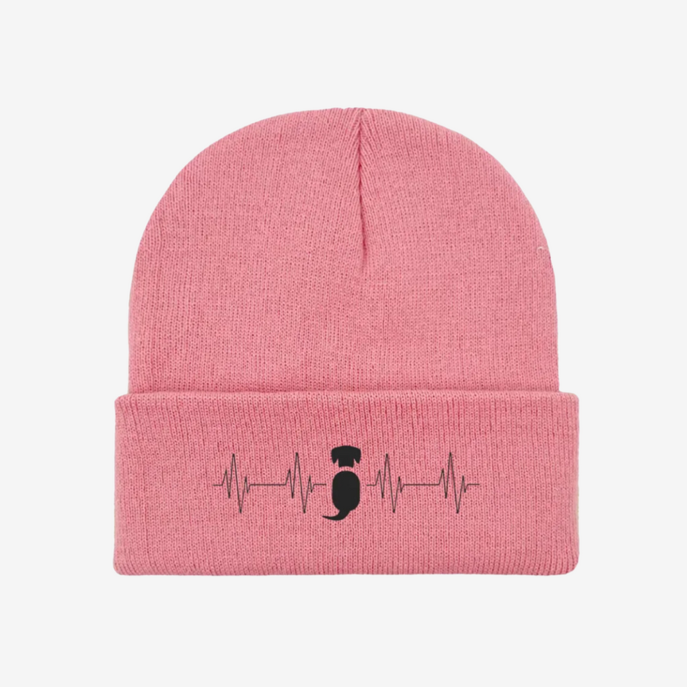 Beanie Mütze Lifeline in Pink mit Herzschlag und Hundesymbol, ideal für Dog-Lovers, stylisch und bequem.