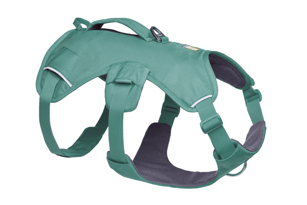Ergonomisches, grünes Hundegeschirr mit gepolstertem Material und verstellbaren Schnallen, inkl. Haltegriff.
