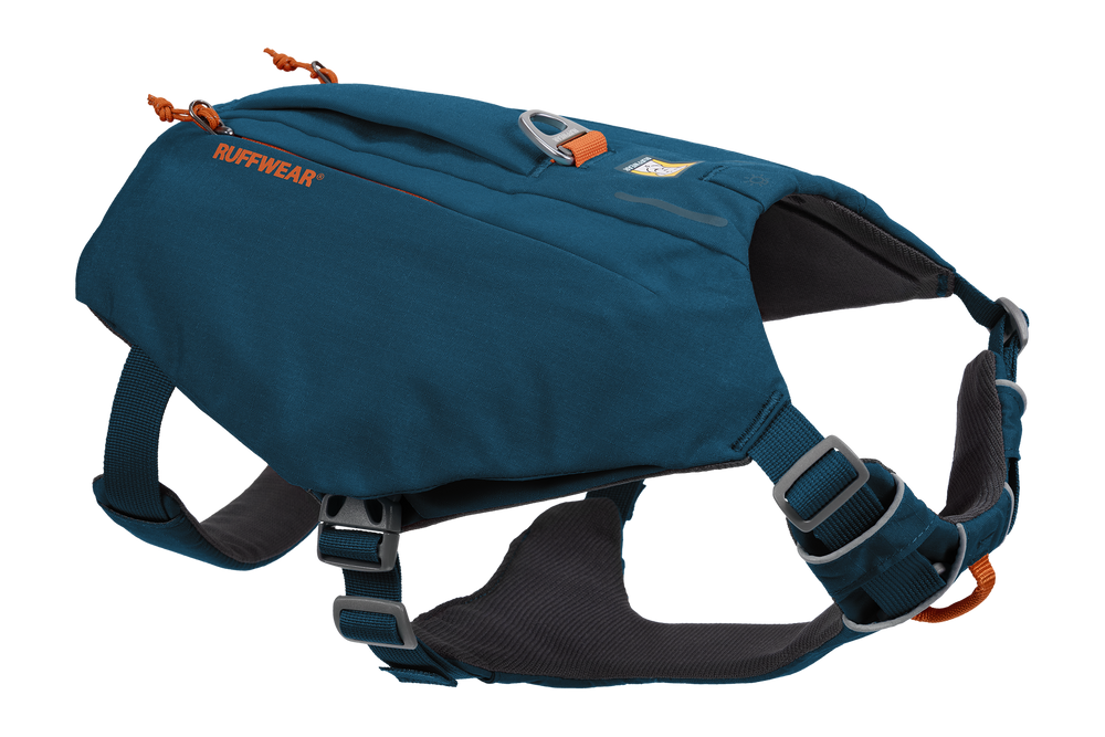 "Ruffwear Switchbak™ Hundegeschirr in Blau mit orangen Akzenten, ergonomisch und verstellbar für optimalen Tragekomfort."