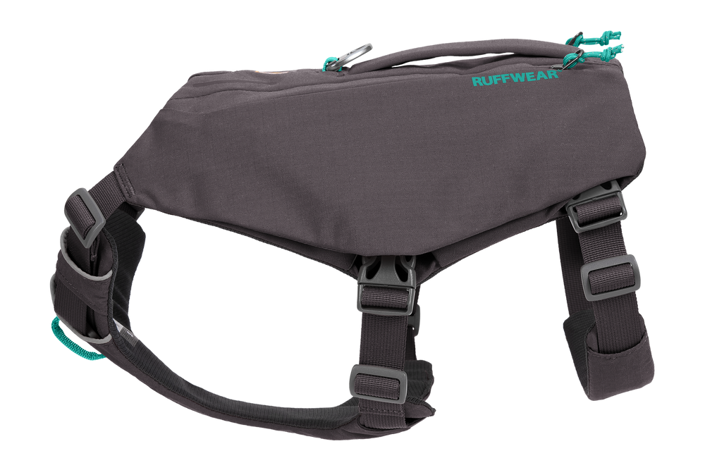 "Ruffwear Switchbak™ Hundegeschirr in grau, ergonomisches Design mit verstellbaren Riemen für optimalen Tragekomfort."