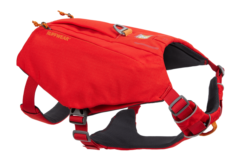 Rotes Ruffwear Hundegeschirr mit verstellbaren Riemen, Handgriff und reflektierendem Element für sicheren Transport.