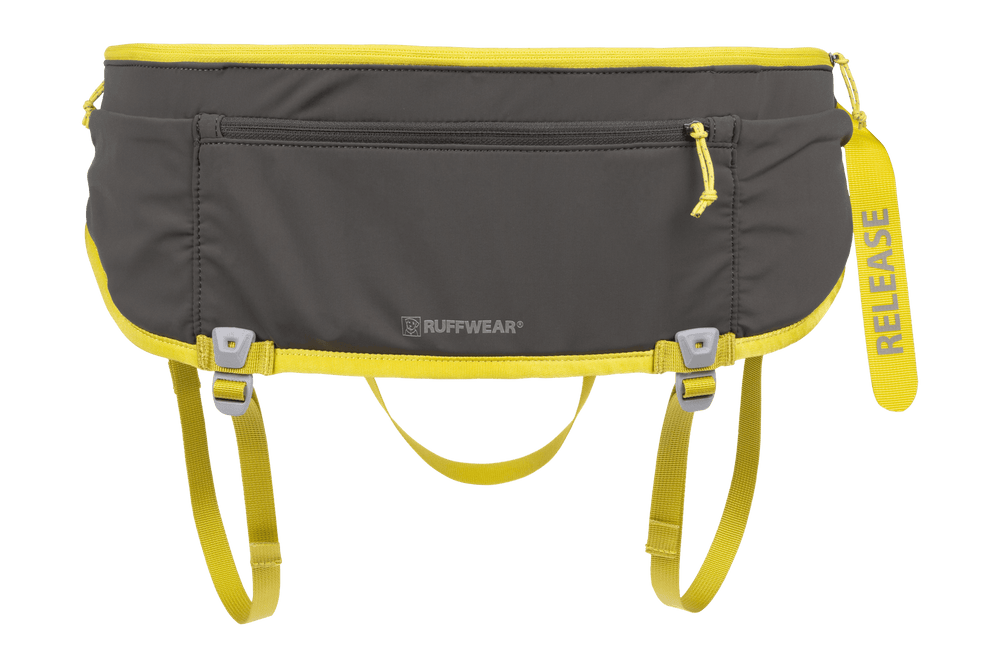 Grauer Hüftgurt mit gelben Akzenten für Hundejöring, mit Fächern und verstellbaren Riemen. Ideal für aktive Hundehalter.