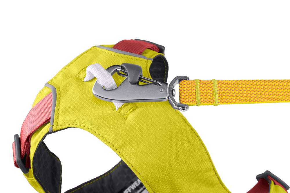 Gelbes Flagline™ Hundegeschirr mit silbernem Karabiner, gepolsterter Innenseite und rotem Design, inklusive Sicherheitsleine.
