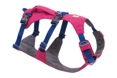Pinkes Hundegeschirr mit verstellbaren blauen Riemen und grauer Polsterung für optimalen Komfort und Anpassung.