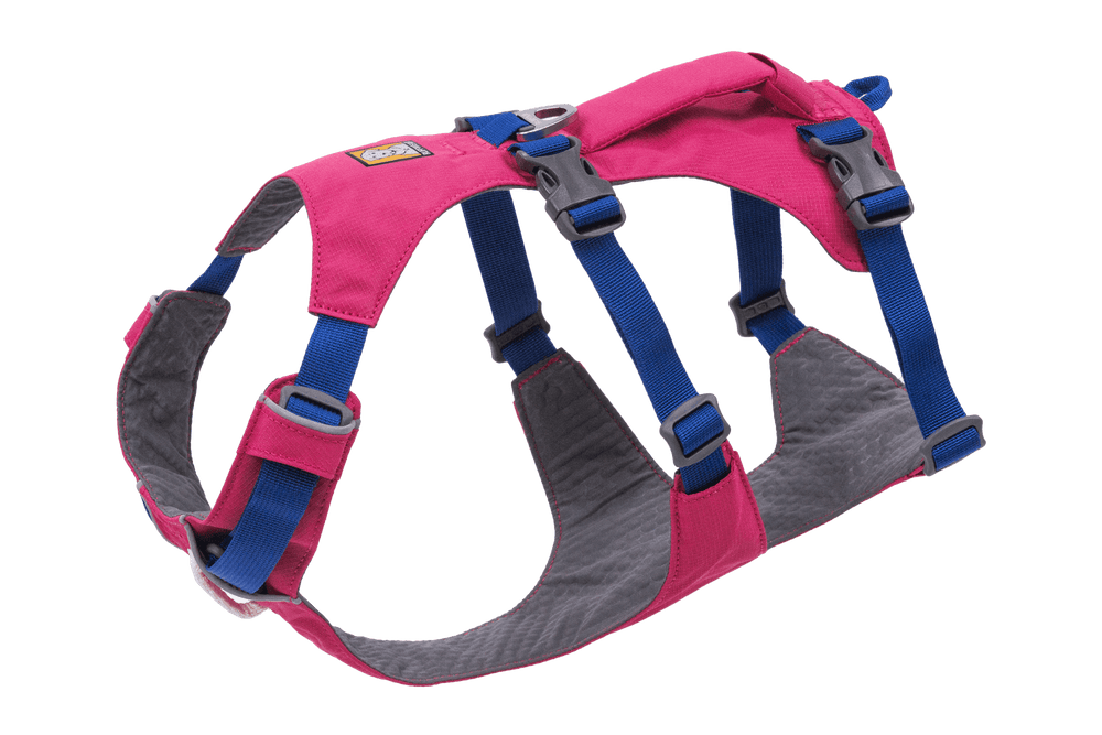 Ergonomisches pinkfarbenes Hundegeschirr mit blauen und grauen Akzenten, verstellbaren Gurten und Griff.