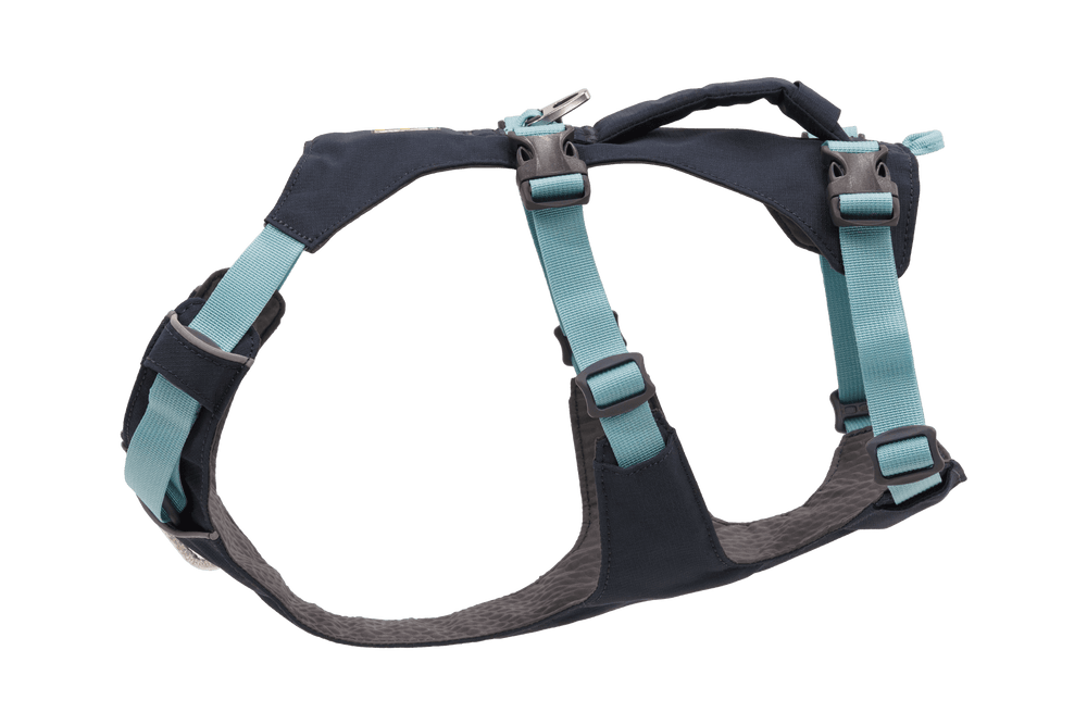 Dunkelblaues Flagline™ Hundegeschirr mit hellblauen Gurten, ergonomisch geformt und verstellbar für optimalen Tragekomfort.