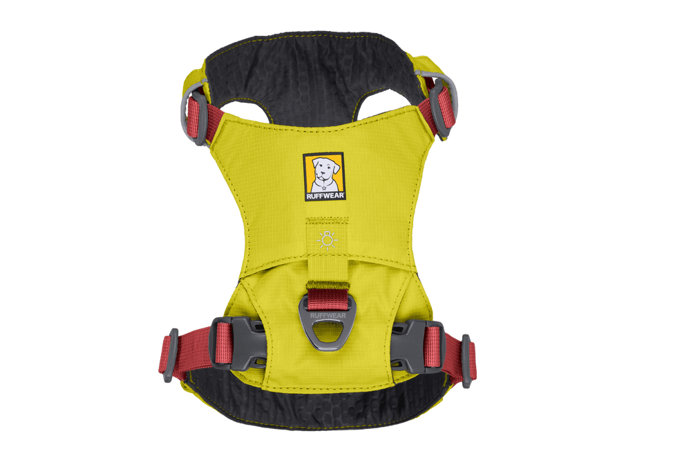 Gelbes Ruffwear Hundegeschirr Hi Light™ mit ergonomischem Design, roten Schnallen und robustem Metallring für optimale Sicherheit.