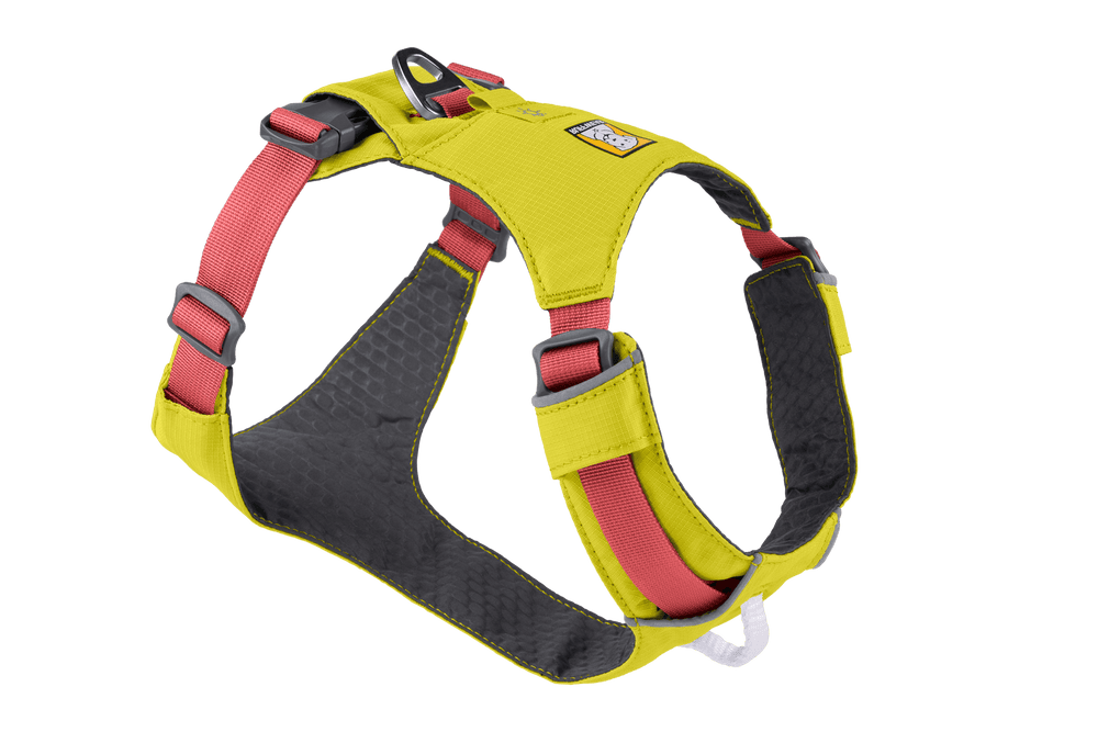 Ergonomisches Hi Light™ Leicht Hundegeschirr in Gelb mit roten Gurten, gepolstert und verstellbar für optimalen Komfort.