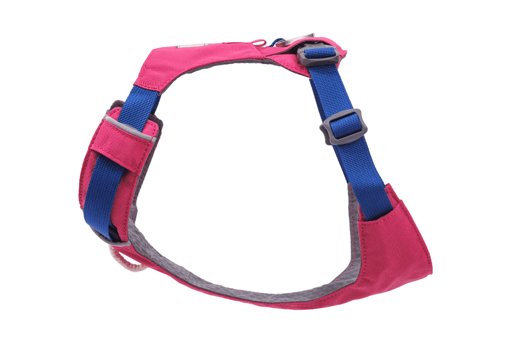 Pinkes Hundegeschirr mit blauen und grauen Akzenten, verstellbaren Schnallen und gepolstertem Komfortbereich.