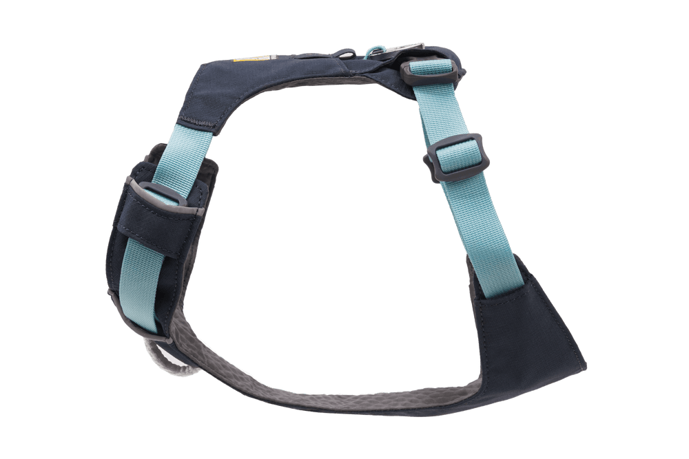 Schwarzes Hi Light™ Hundegeschirr mit blauen Akzenten, gepolstert und verstellbar für optimalen Komfort.