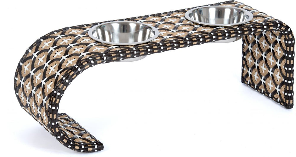 Erhöhter Futterhalter für Haustiere mit zwei Edelstahl-Näpfen in Braun, Schwarz und Weiß, Modell Napfbar DELANO Havanna M.