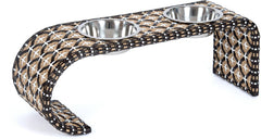 Erhöhter Futterhalter für Haustiere mit zwei Edelstahl-Näpfen in Braun, Schwarz und Weiß, Modell Napfbar DELANO Havanna M.