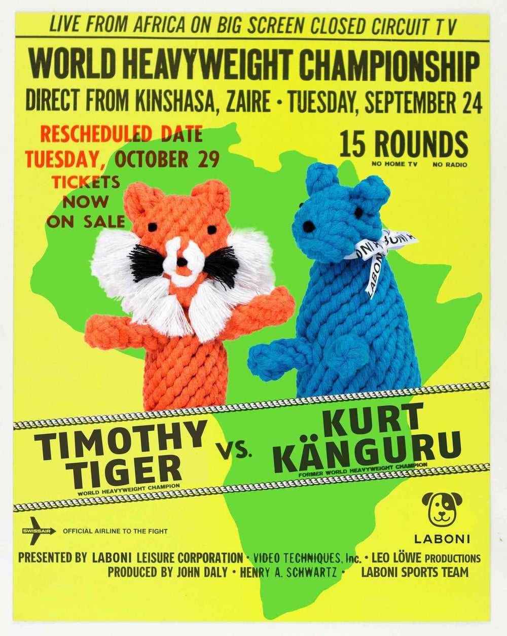 "Buntes Plakat für Hundespielzeug Timothy Tiger und Känguru, ideal für Spiel und Spaß im Alltag."