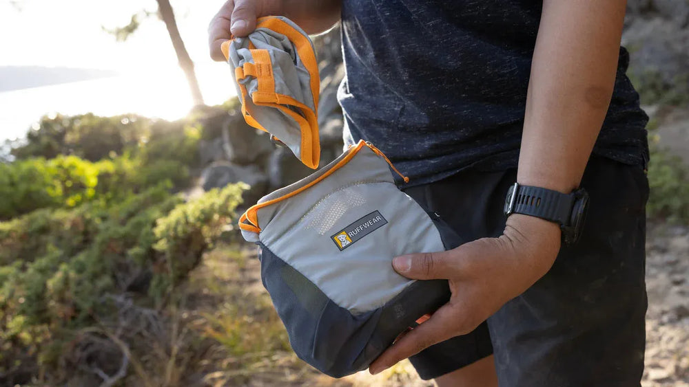 Faltbares BackTrak™ Evakuierungsset für Hunde in grauer Tasche mit orangenen Akzenten in der Natur.