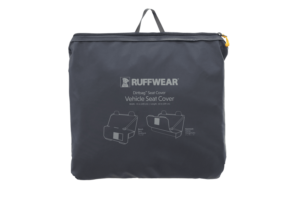 "Dirtbag™ Autositzbezug für Hunde von Ruffwear in dunkler Farbe, zusammengefaltet mit Logo und Produktbezeichnung."