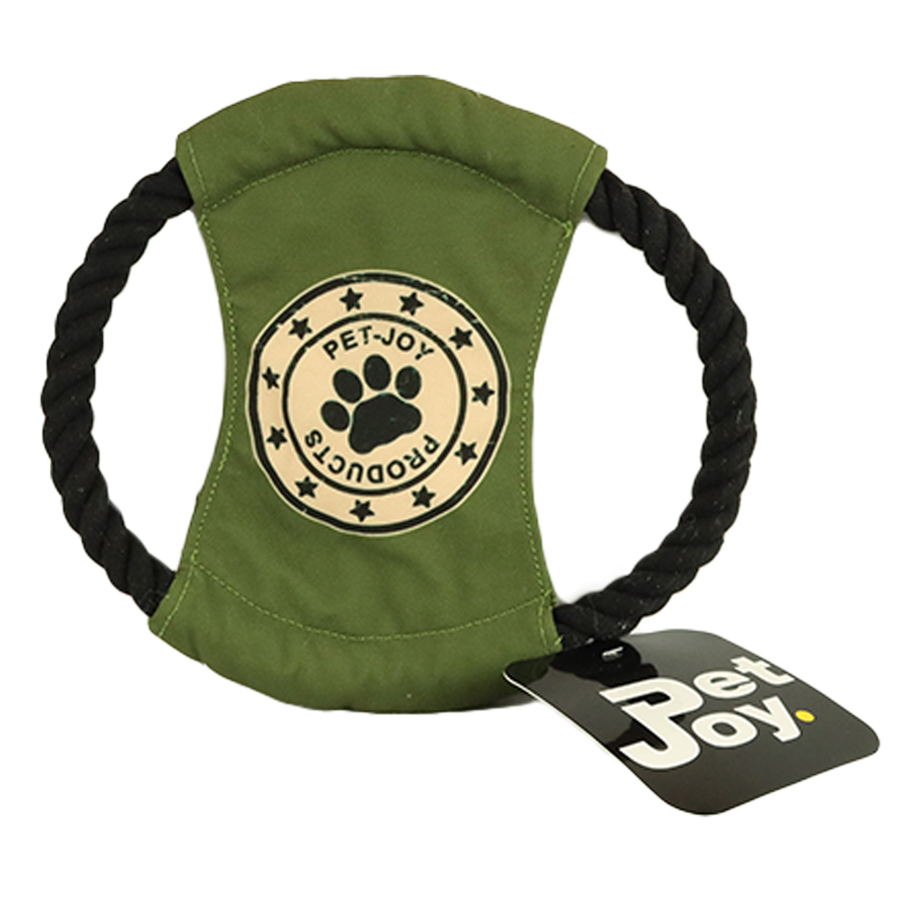 Hundespielzeug im Ring-Design mit grünem Stoff und schwarzem Seil, beschriftet mit "PET JOY PRODUCTS".