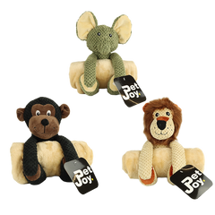 Drei bunte Pet Joy Plüschtiere: ein grüner Elefant, ein brauner Affe und ein Löwe auf hellem Hintergrund.