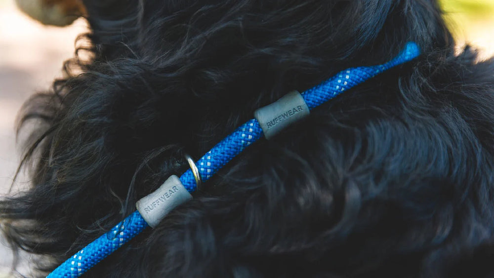 Hund mit blauer geflochtener Just-a-Cinch™ Leine und grauen Anhängern, die das Ruff Markenlogo zeigen.