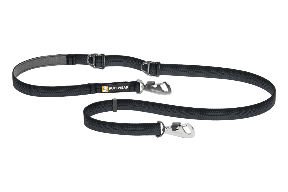 Verstellbare schwarze Hundeleine mit zwei Karabinerhaken für Komfort und Kontrolle – ideal für aktive Hunde.