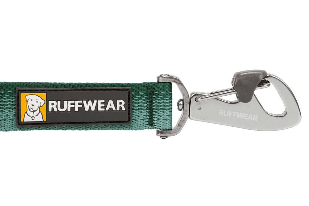 Verstellbare Ruffwear Hundeleine in grün mit robustem Metallkarabiner und schwarzem Markenetikett.