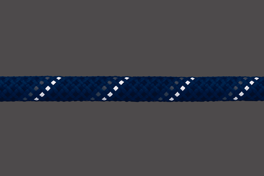 Dunkelblaue Knot-a-Long™ Hundeleine aus geflochtenem Seil mit weißen Streifen auf grauem Hintergrund.