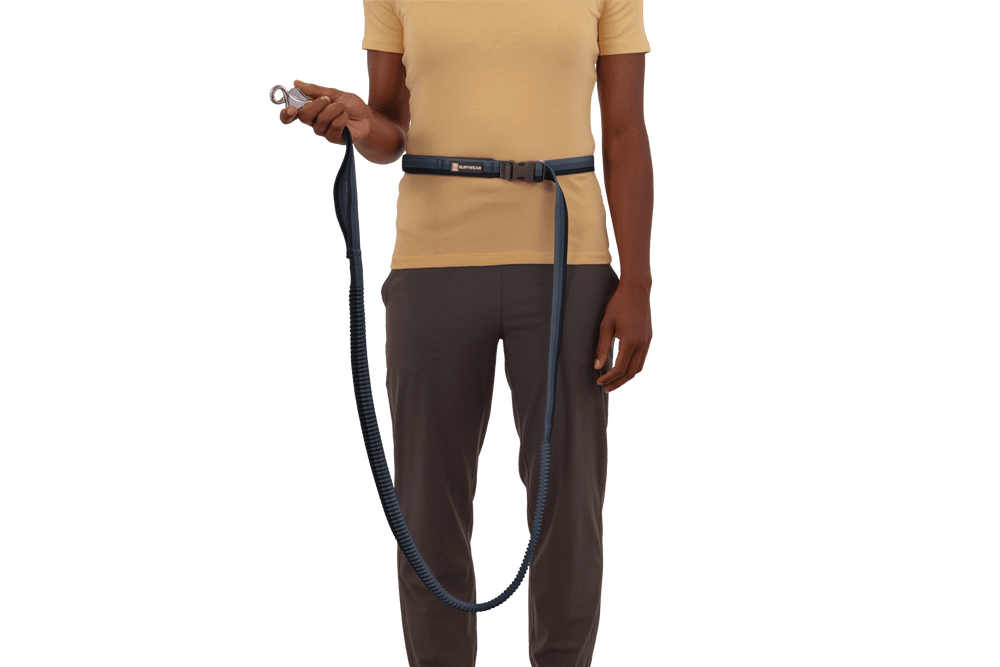 Person mit blauer Roamer™ Bungee-Joggingleine, die an einem grauen Belt befestigt ist, während sie mit ihrem Hund joggt.