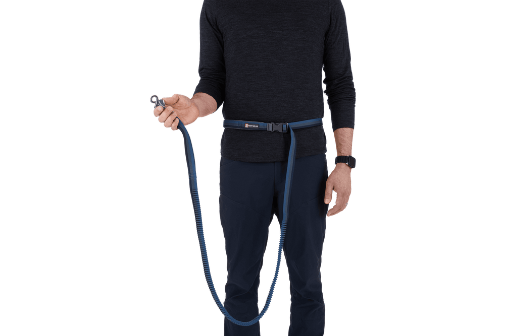 Person hält eine blaue Roamer™ Bungee-Hundeleine und einen schmalen Gürtel in der Hand.